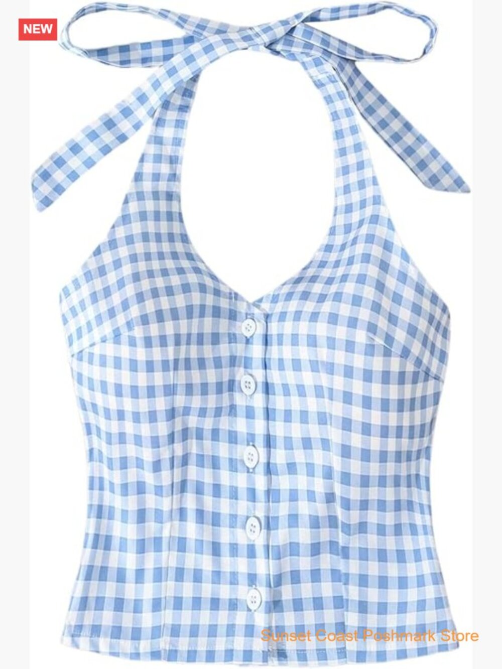 Women's Gingham Plaid Halter Top Tie Backless Sleeveless Button Front Crop Tank